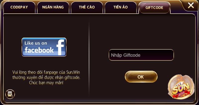 Giao diện nạp tiền qua mã code từ fanpage Sunwin